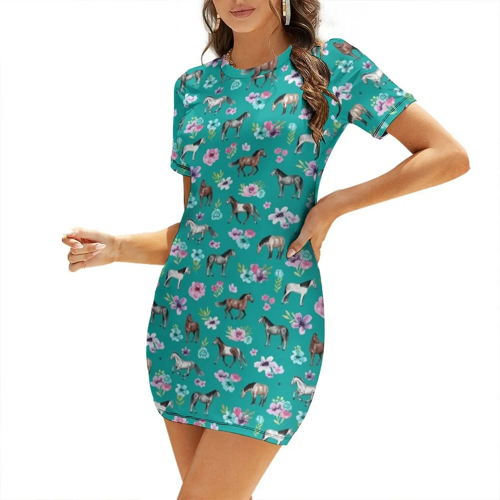 Summer Clothing Online - Horses and Flowers on Teal, Turquoise