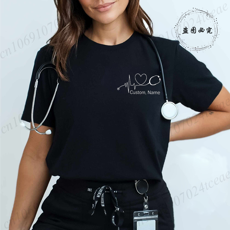 Summer Clothing Name - Custom Name Nurse Shirt Stethoscope Heartbeat