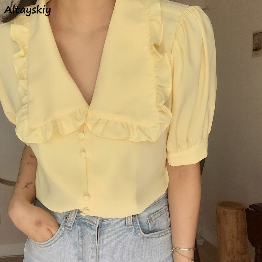 Summer Clothing Teens - Women Blouses Solid Ruffles Sweet Short