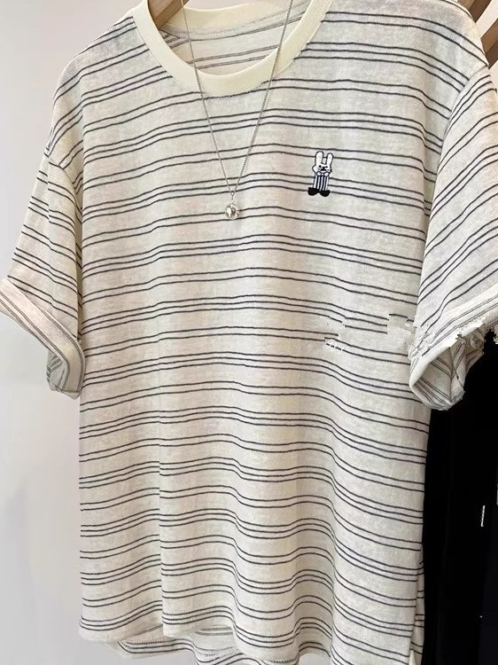 Summer Clothing Outlet - Unisex Pure Cotton Striped Short Sleeve