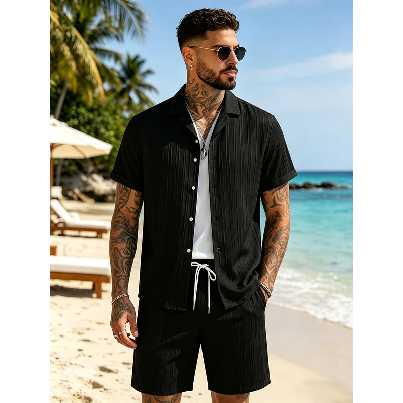 Summer Light Clothing - 2Men's Summer Casual Suit Set，Cuban collar