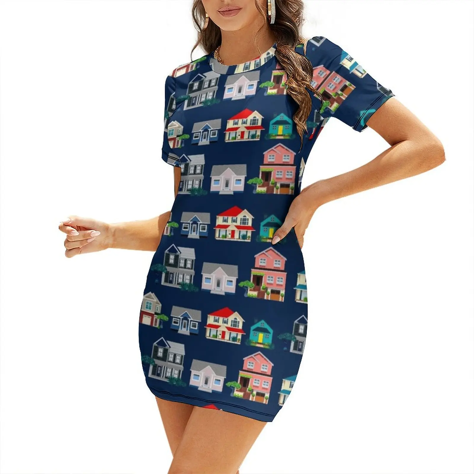 Summer Clothing Online - Houses on Street Short-Sleeved Dress Clothing