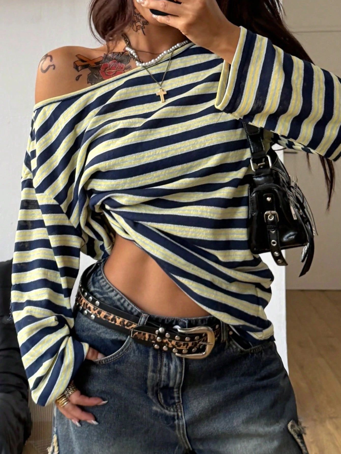 Women's Oversized Striped Blue - огляд і ціна Off Shoulder Blouse